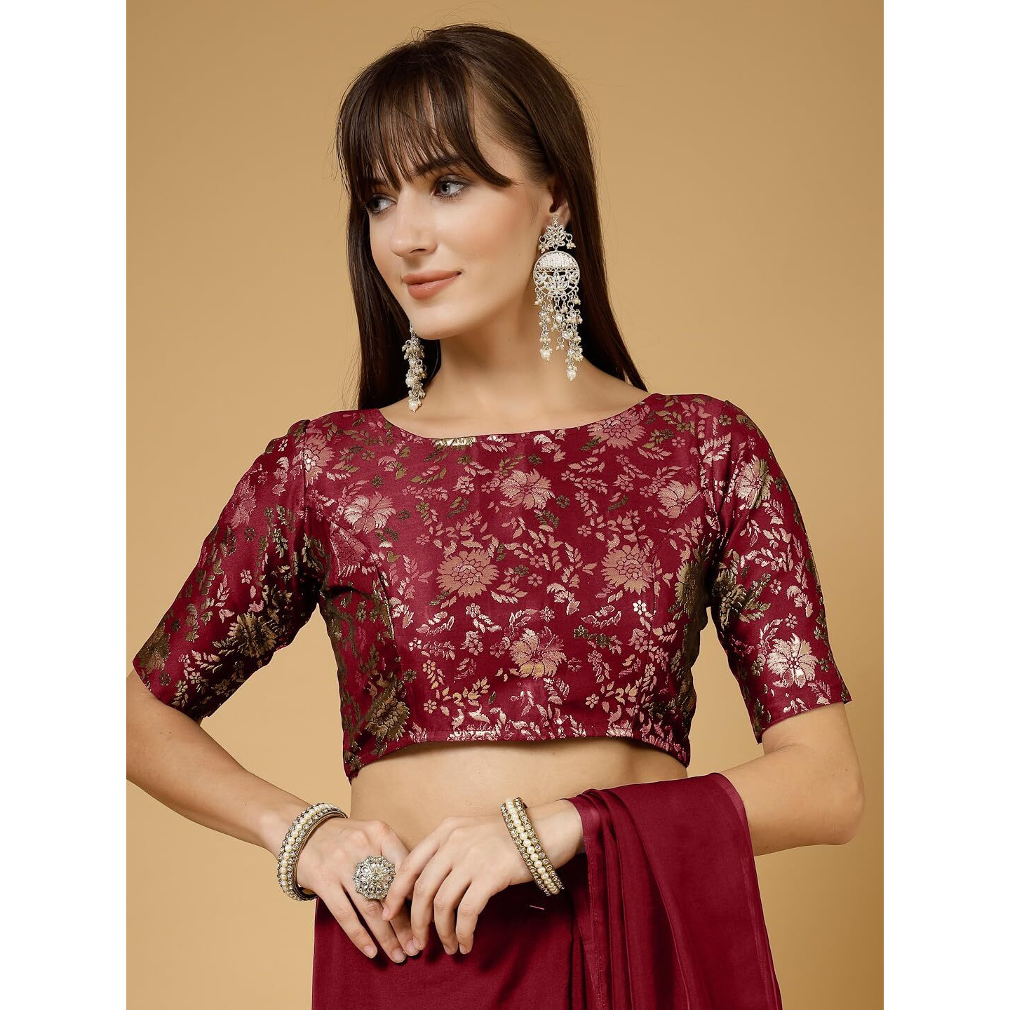Oomph Readymade Blouse For Women, Brocade, Boat Neck, Rbbl506