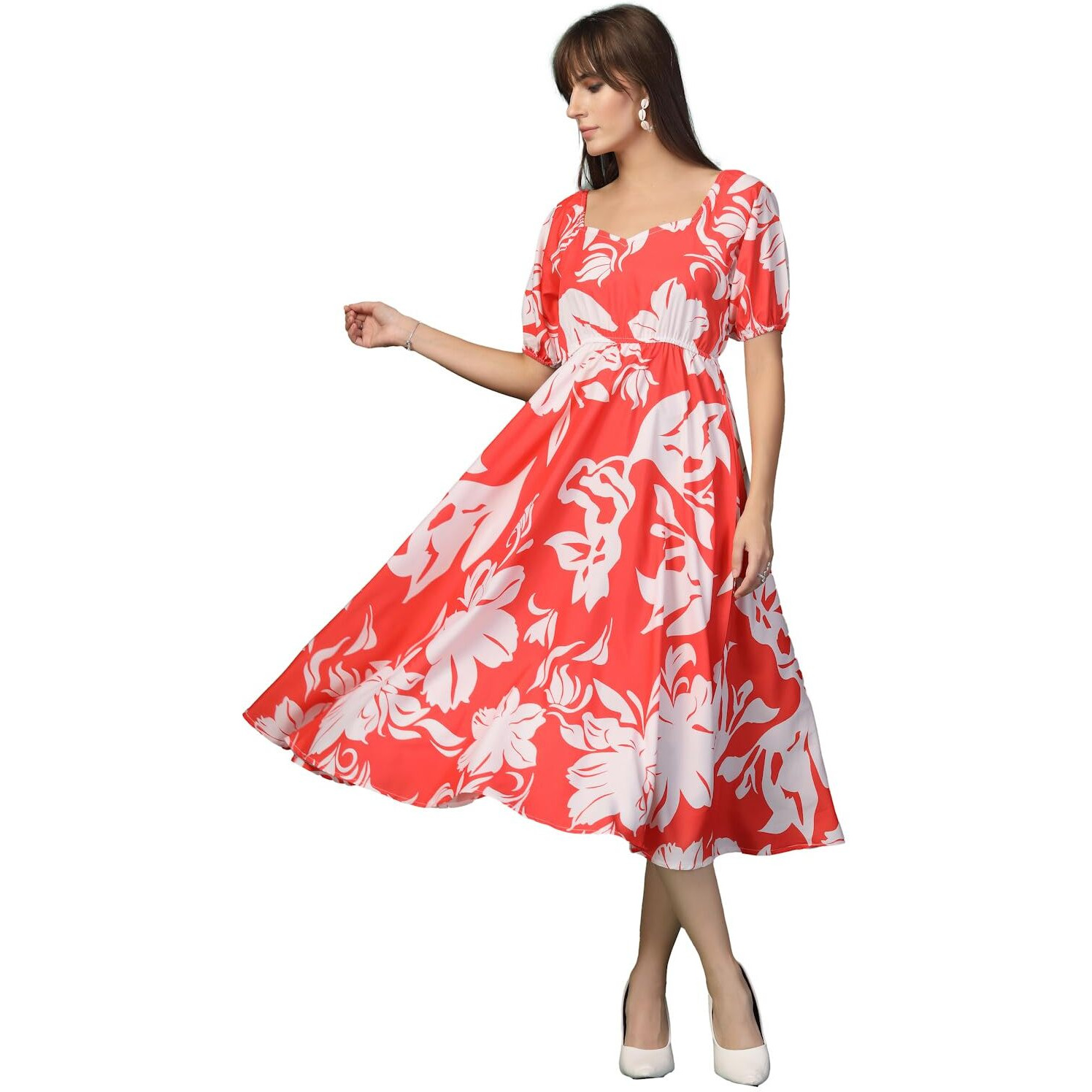Oomph Flared Dress For Women Stylish | Long One Piece For Women | Puff Sleeve Long Dress | Floral Print Maxi One Piece | Western & Fusion Wear