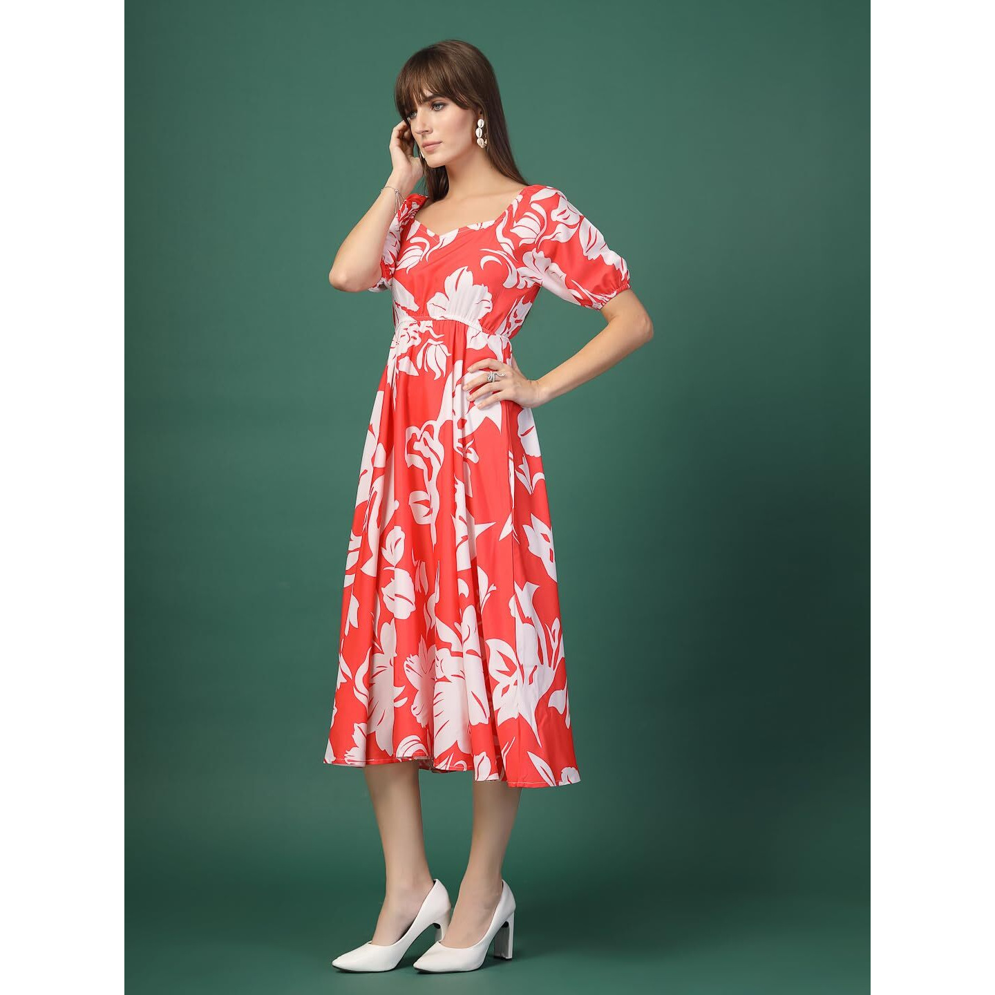 Oomph Flared Dress For Women Stylish | Long One Piece For Women | Puff Sleeve Long Dress | Floral Print Maxi One Piece | Western & Fusion Wear