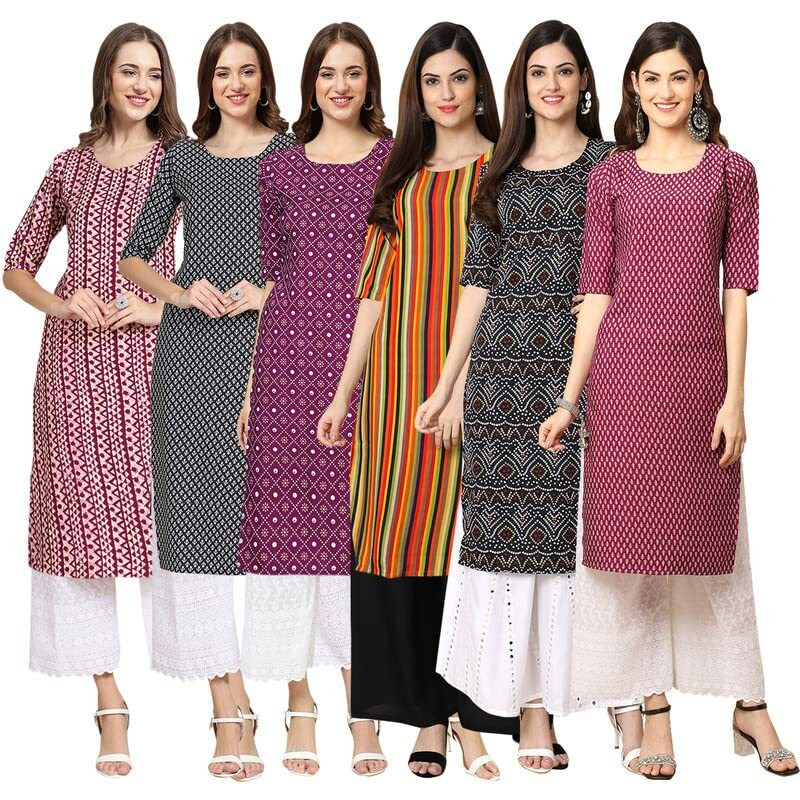 Pinkmint Women's Crepe Digital Print Straight Kurta [Pack Of 6](Mv-347-349-355-356-373-376-S)