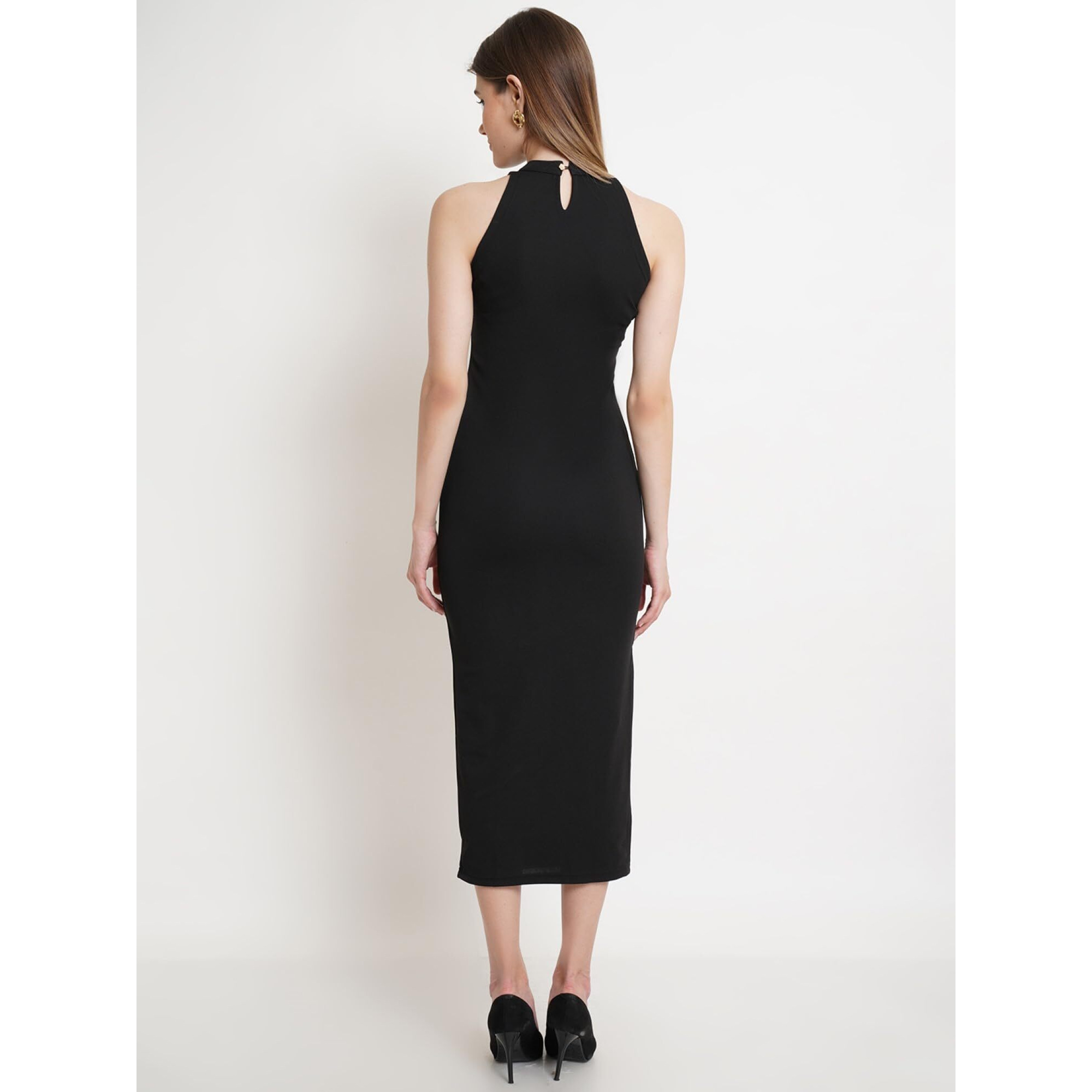 Popwings Women's Polyester Sheath Maxi Dress (Dopt00518_Black