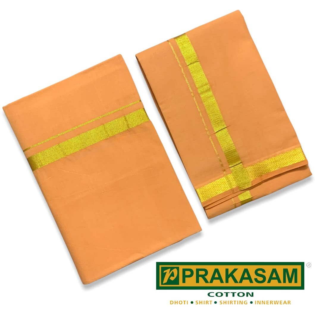 Prakasam Cotton Mens Kaavi Colour Jari Cotton Dhoti And Angavastram Set (1.30X2.00 Meter Dhoti, 36X1.80 Towel)-(Kavi-004)