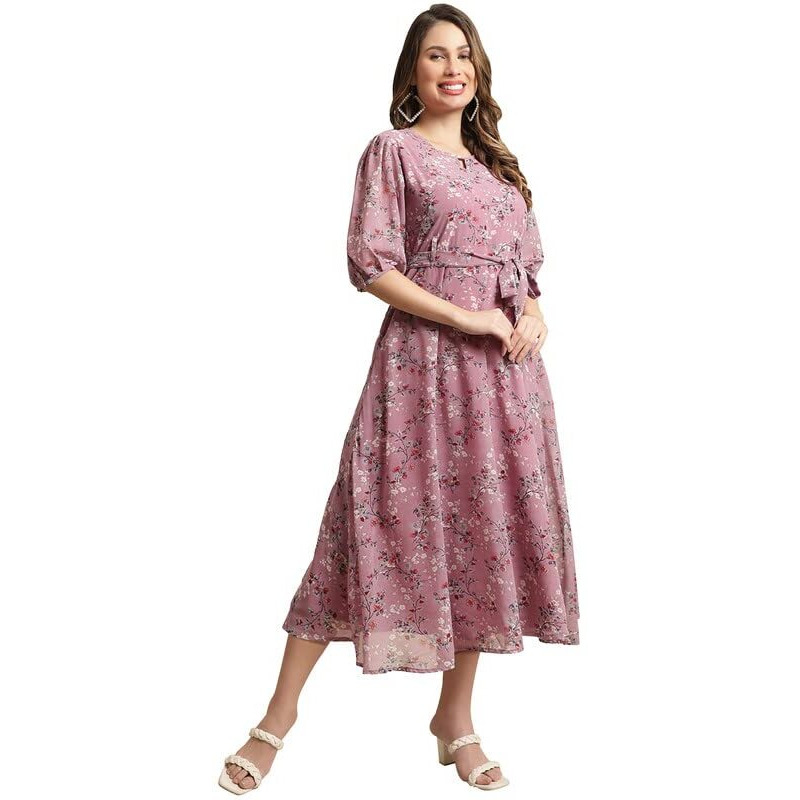 Preneum Women's Maxi Fit & Flare Print Georgette Regular Sleeves Casual |Summer |Casual & Everyday Wear (In, Alpha, S, Plus, Light Pink)
