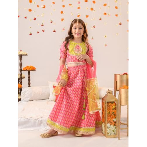 Pspeaches Girl's Cotton Lehenga Choli (L-Magentagreenfoil_Magenta_12-13Y)