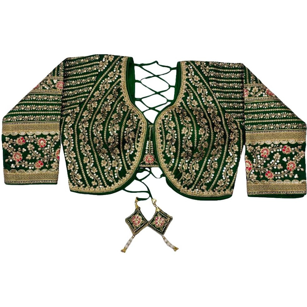 Pujia Mills Women's Heavy Embroidery Coding With Sequins Work 3/4Th Sleeves Fancy Readymade Saree Blouse(Missy Green_38)