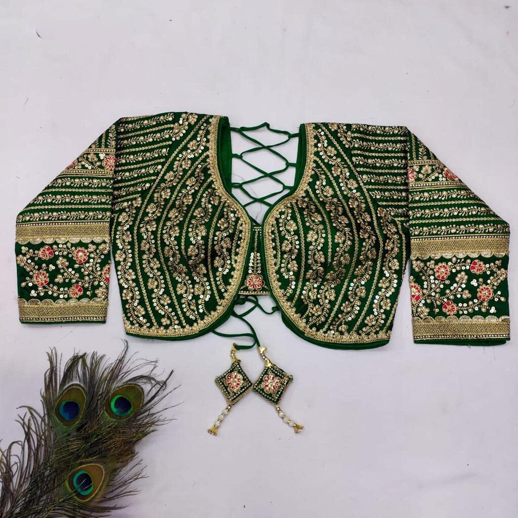 Pujia Mills Women's Heavy Embroidery Coding With Sequins Work 3/4Th Sleeves Fancy Readymade Saree Blouse(Missy Green_38)