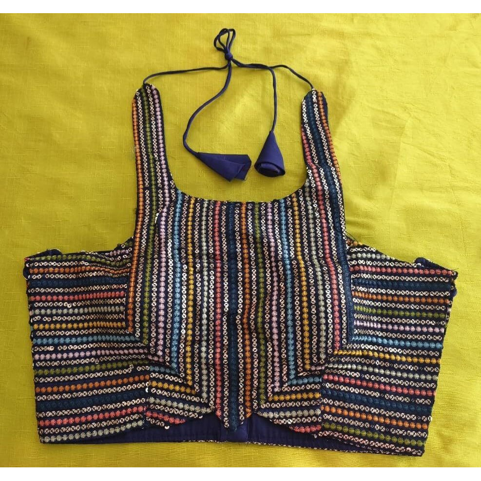 Pujia Mills Women's Sequin Embroidered Halter Neck Sleeveless Readymade Saree Blouse Indian Ethnic Designer Stitched Readymade Saree Blouse Sleeveless Blouse Readymade Navy Blue Blouse For Women