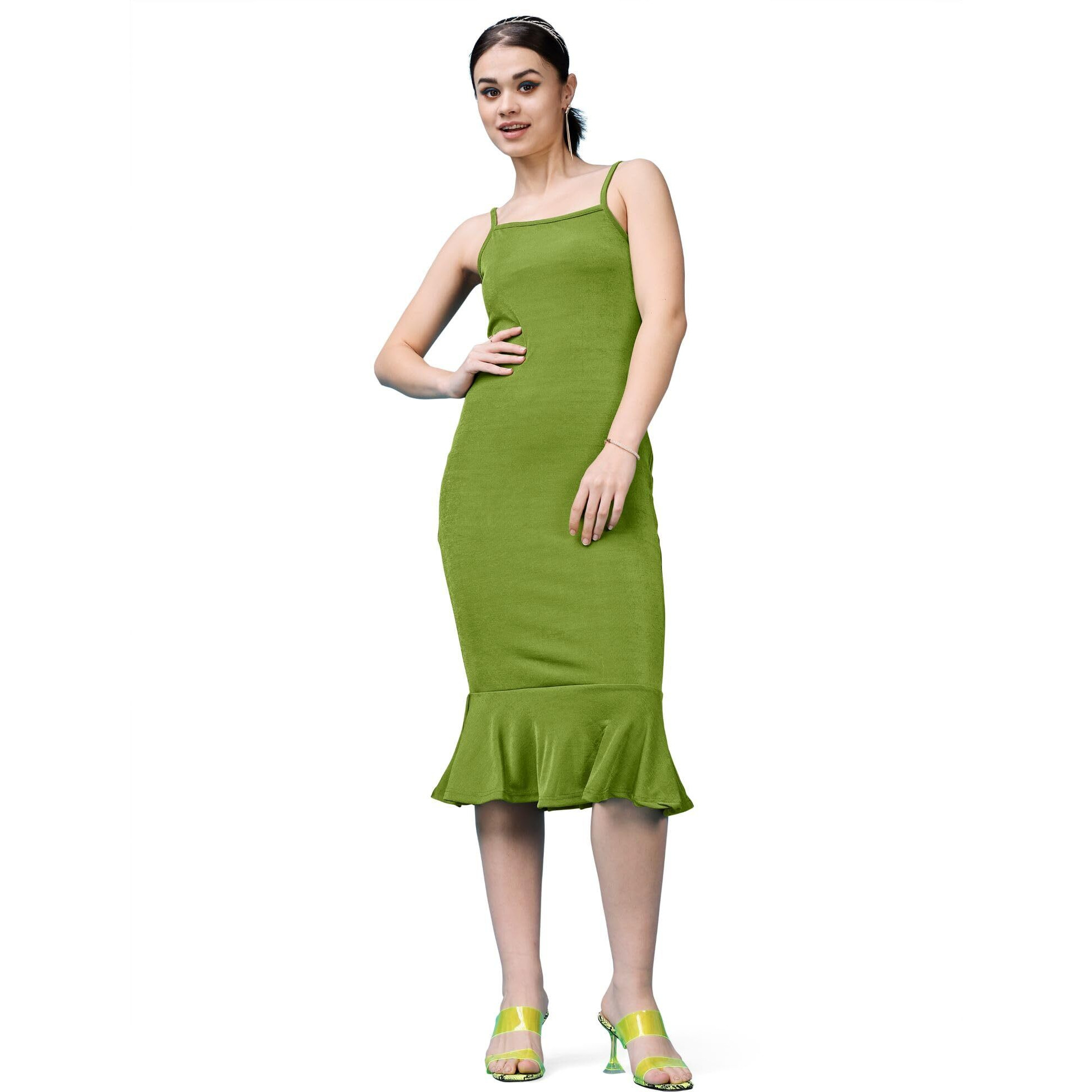 Purvaja Womens Ruffle Below Knee Length Dress (Shine-021-Olive_Green_Medium)