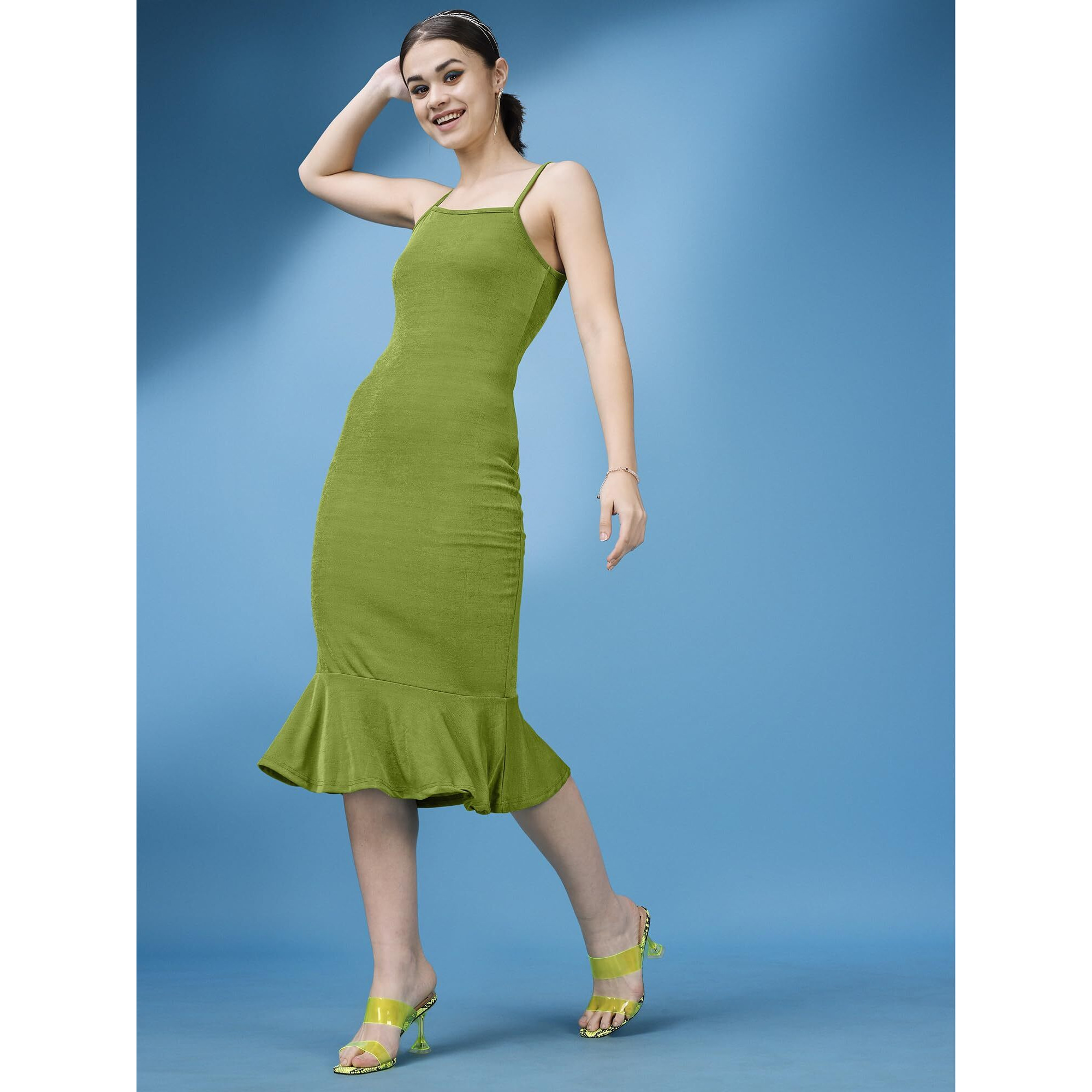 Purvaja Womens Ruffle Below Knee Length Dress (Shine-021-Olive_Green_Medium)