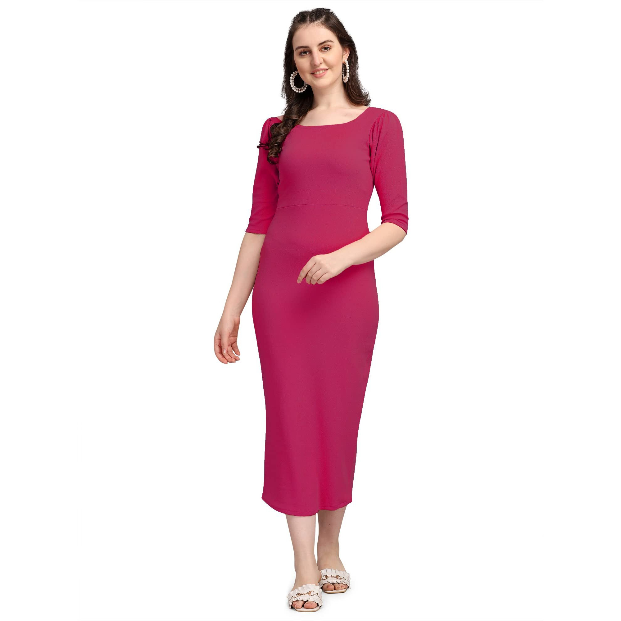 Purvaja Women's Corduroy Bodycon Midi Dress (Ruby-134-Pn-M_Pink