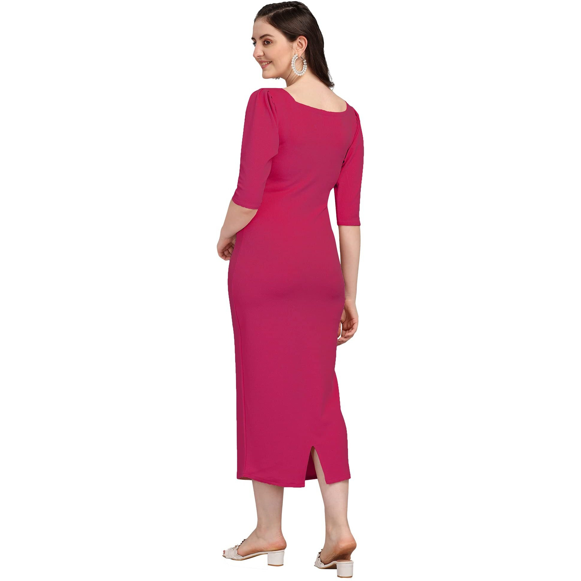 Purvaja Women's Corduroy Bodycon Midi Dress (Ruby-134-Pn-M_Pink