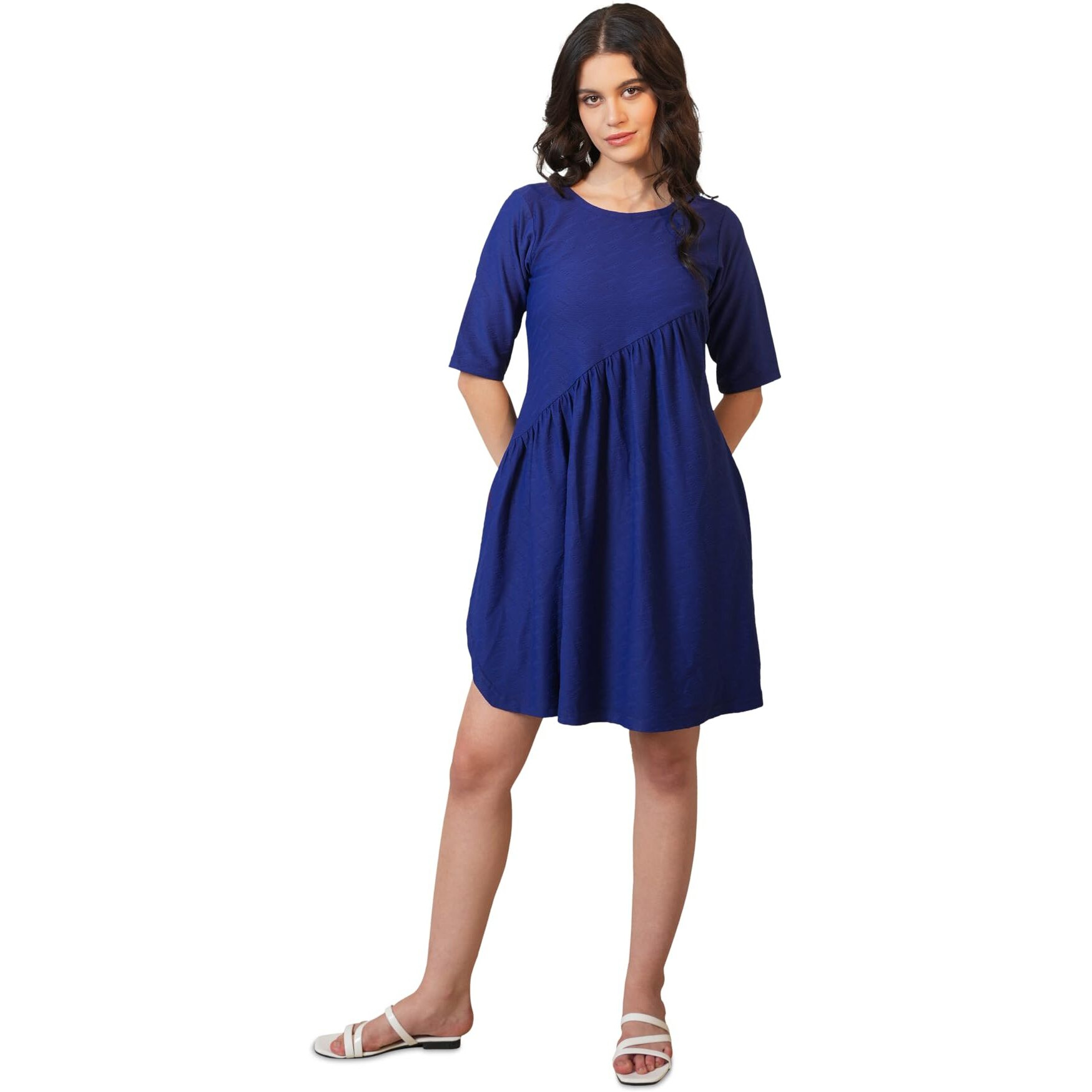 Purvaja Womens Flared Above Knee Length Dress (Nisi-025-Navy_Navy-Blue_Large)