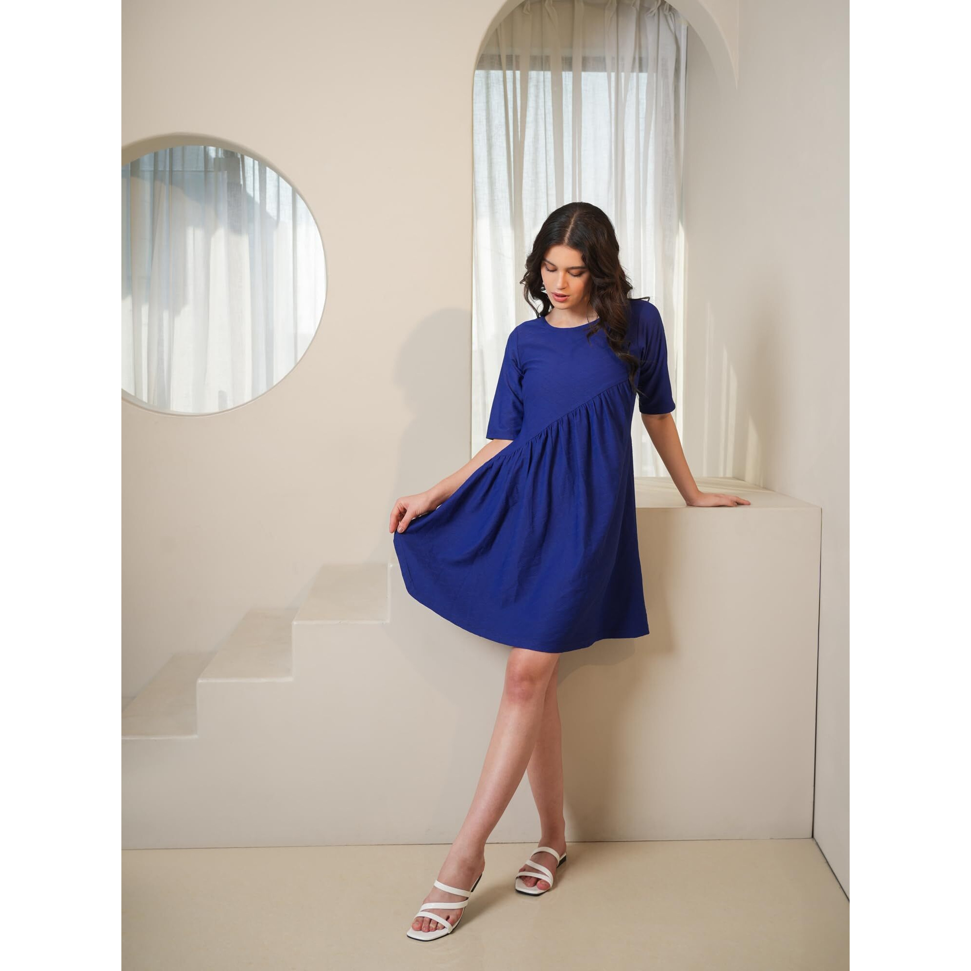 Purvaja Womens Flared Above Knee Length Dress (Nisi-025-Navy_Navy-Blue_Large)