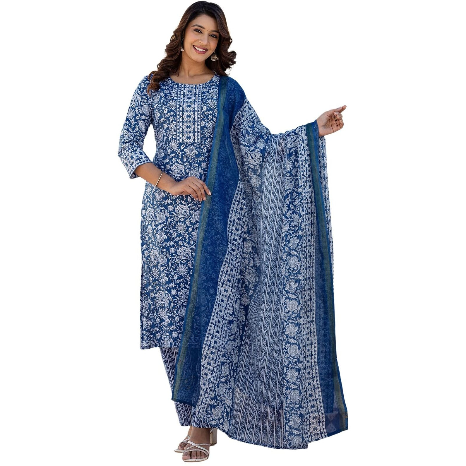 Sanisa Women's Cotton Printed Straight Kurta With Pant And Dupatta Set (230Kbd2435N-M_Dark Blue & White)