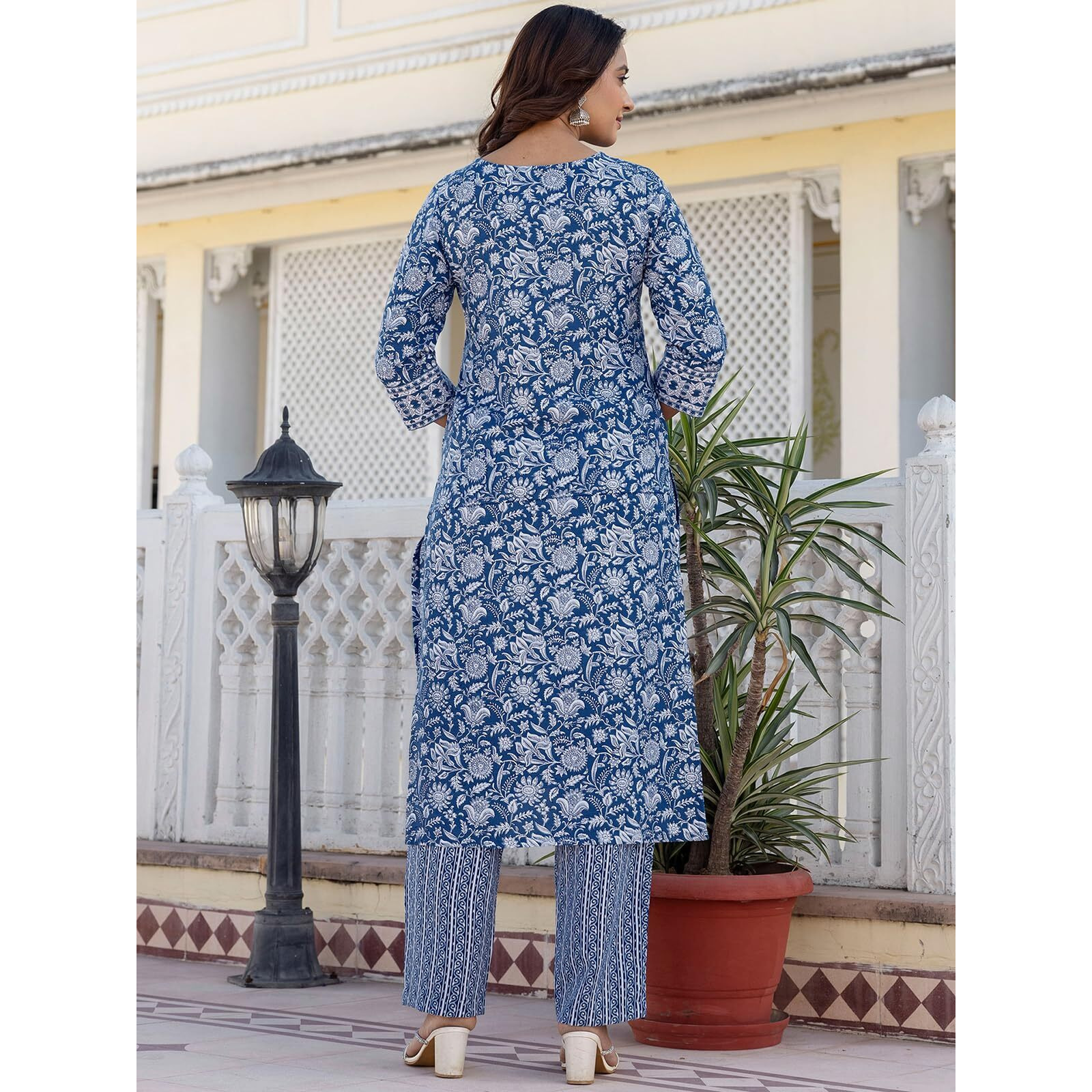 Sanisa Women's Cotton Printed Straight Kurta With Pant And Dupatta Set (230Kbd2435N-M_Dark Blue & White)