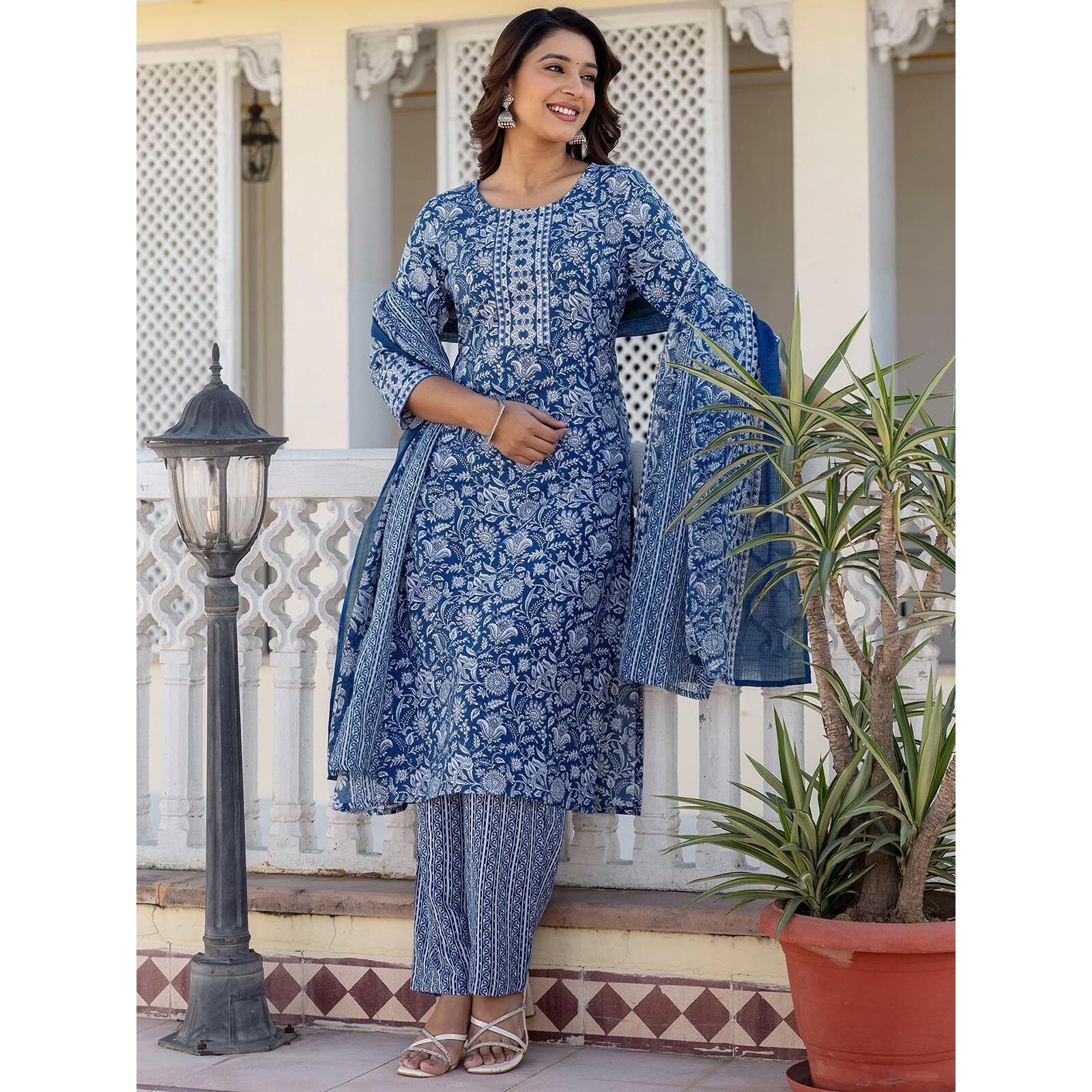 Sanisa Women's Cotton Printed Straight Kurta With Pant And Dupatta Set (230Kbd2435N-M_Dark Blue & White)