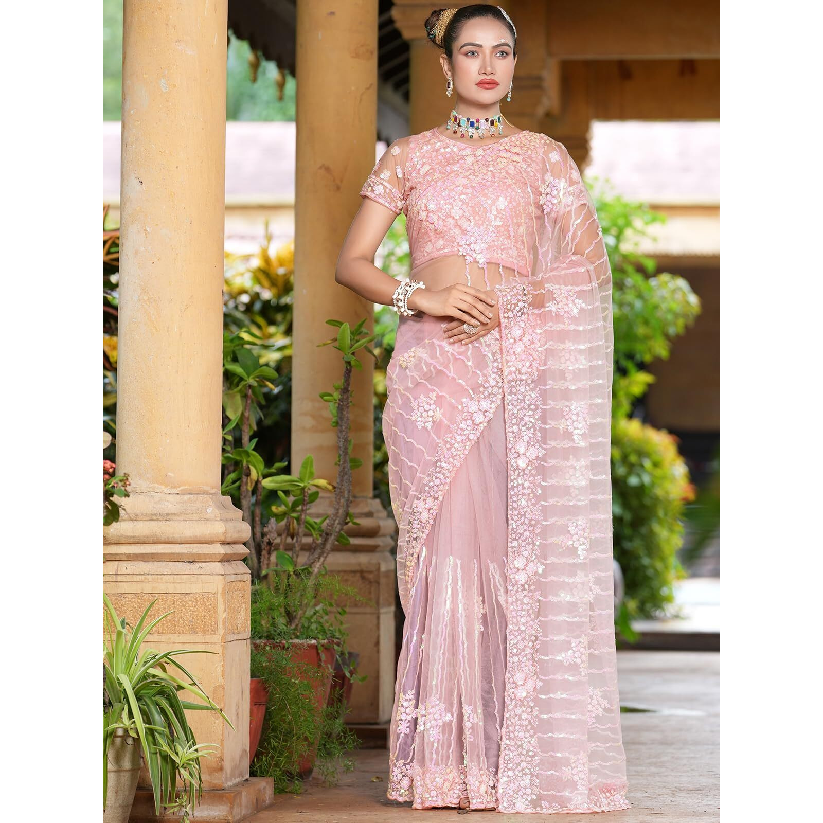 Satrani Women's Net Sequence Embroidery Work Saree With Unstitched Blouse Piece (3187S141N_Rose Pink)