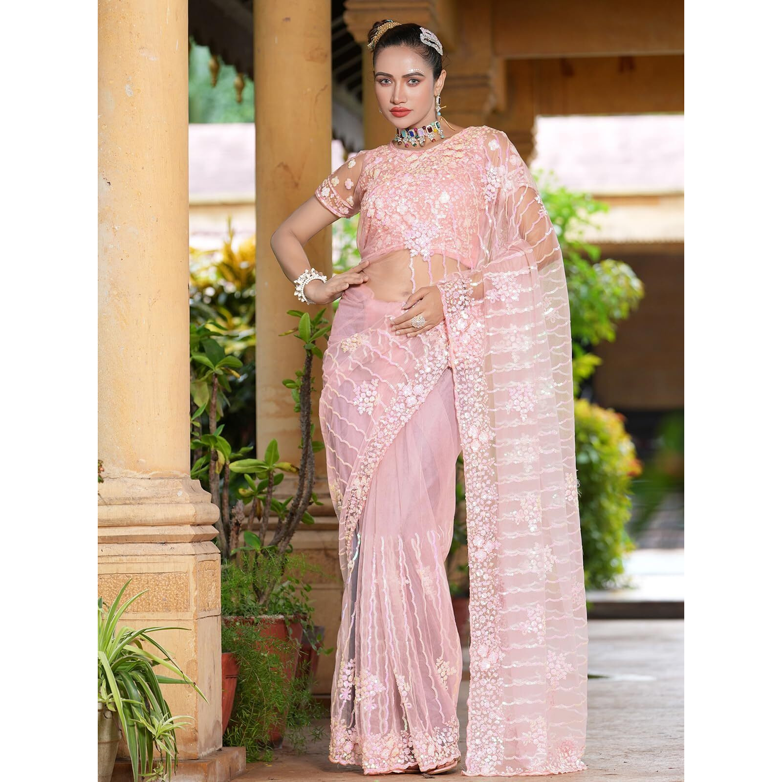 Satrani Women's Net Sequence Embroidery Work Saree With Unstitched Blouse Piece (3187S141N_Rose Pink)
