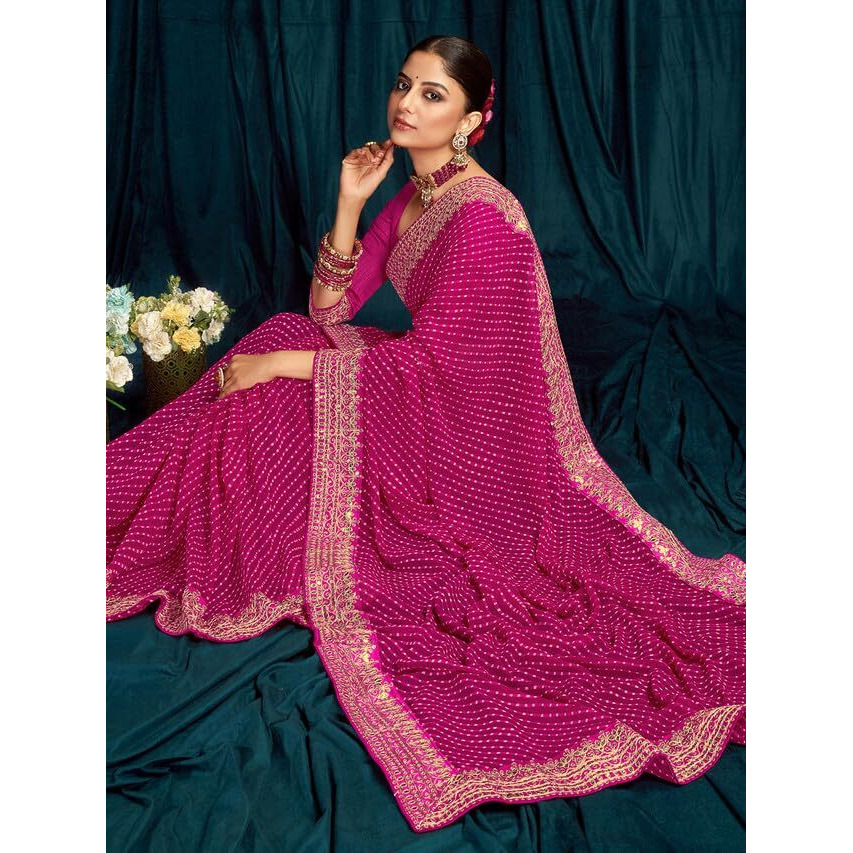 Satrani Women's Georgette Printed & Embroidery Lace Saree With Unstitched Blouse Piece (3463S231N_Pink)