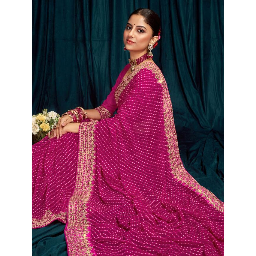 Satrani Women's Georgette Printed & Embroidery Lace Saree With Unstitched Blouse Piece (3463S231N_Pink)