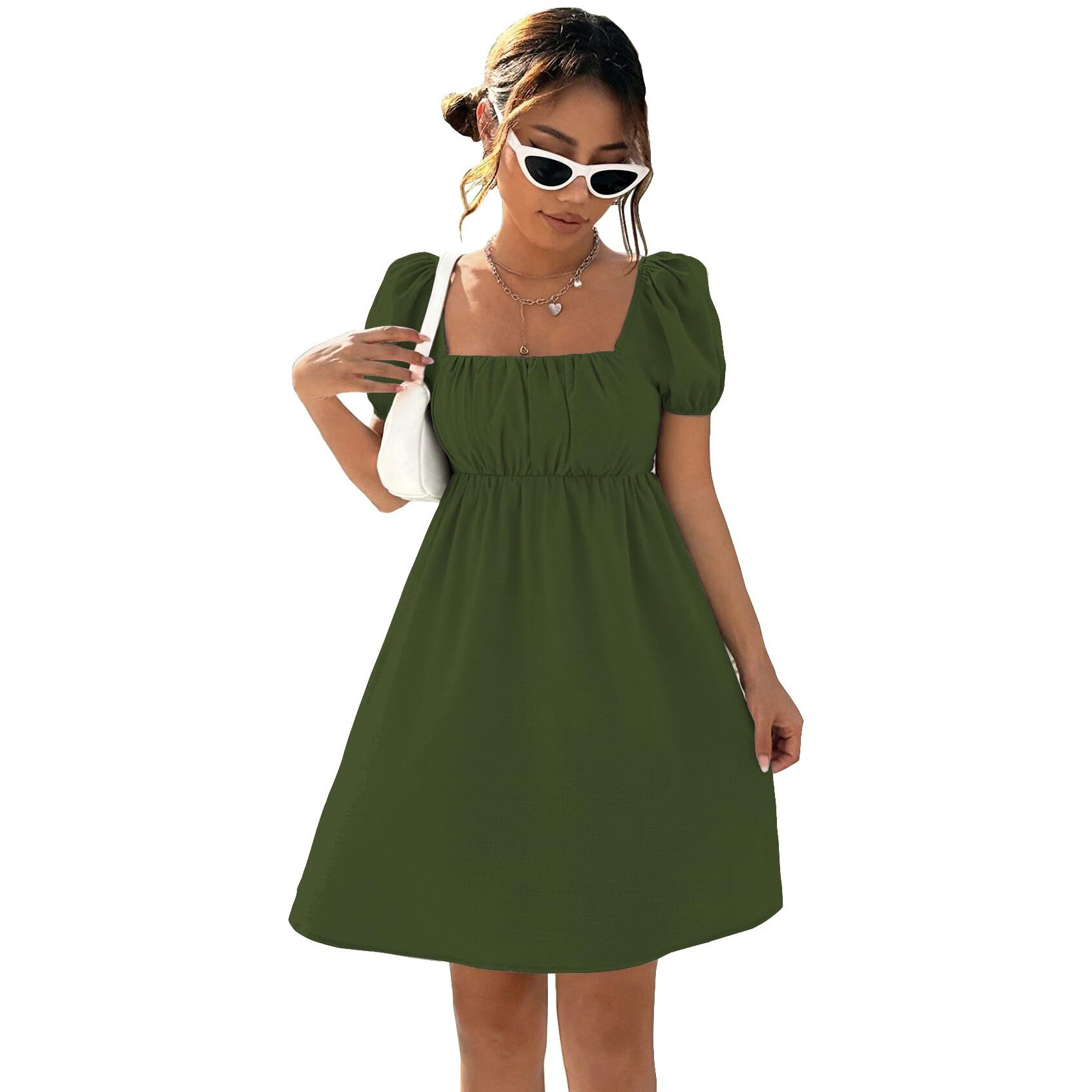 Shasmi Women's & Girl's Dress For Women L One Piece Dress For Women L Beach Dress For Women, Solid Textured Puff Sleeve Square Neck Midi Dress (Dress 115 Mehndi-Xl)