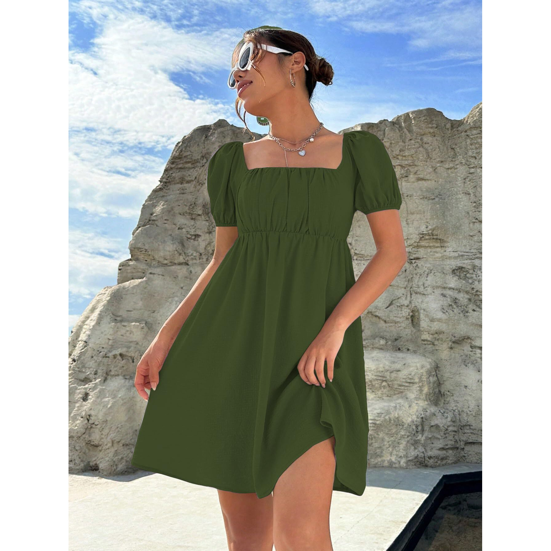 Shasmi Women's & Girl's Dress For Women L One Piece Dress For Women L Beach Dress For Women, Solid Textured Puff Sleeve Square Neck Midi Dress (Dress 115 Mehndi-Xl)