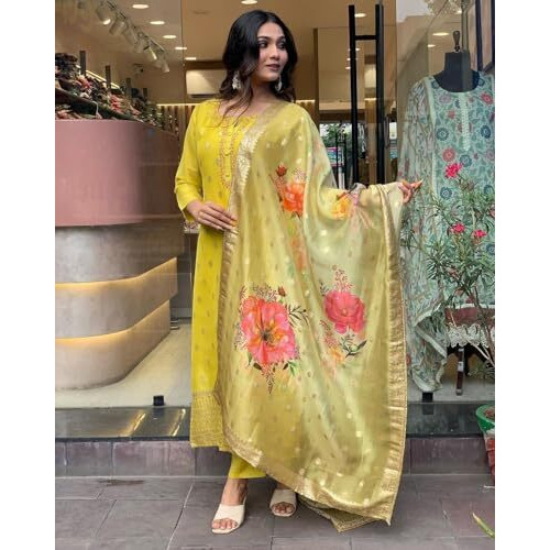 Shiv Textiles Women's Yellow Organza And Embroidery Kurta Pant Set For Women(Jd-Kritika-Yellow-Xl)
