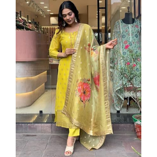 Shiv Textiles Women's Yellow Organza And Embroidery Kurta Pant Set For Women(Jd-Kritika-Yellow-Xl)