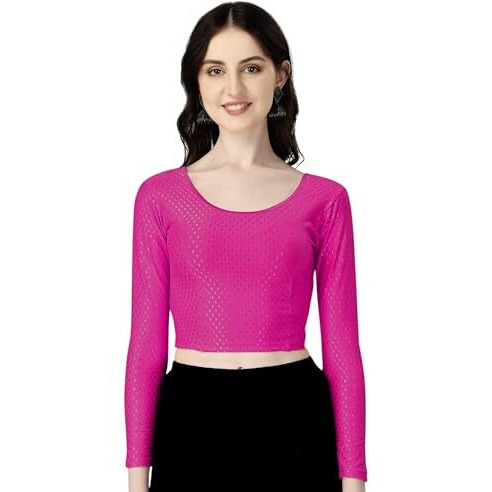 Shiv Textiles Round Neck Dobby Cotton Lycra Stretchable Elbow Sleeve Readymade Saree Blouse For Women Stylish (Pinkover Size Full Sleeve)