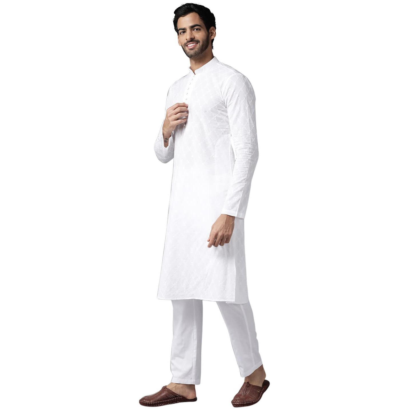 See Designs White Cotton Regular Fit Chikankari Kurta Mandarin Collar Long Sleeves_Sdkt1092Xl