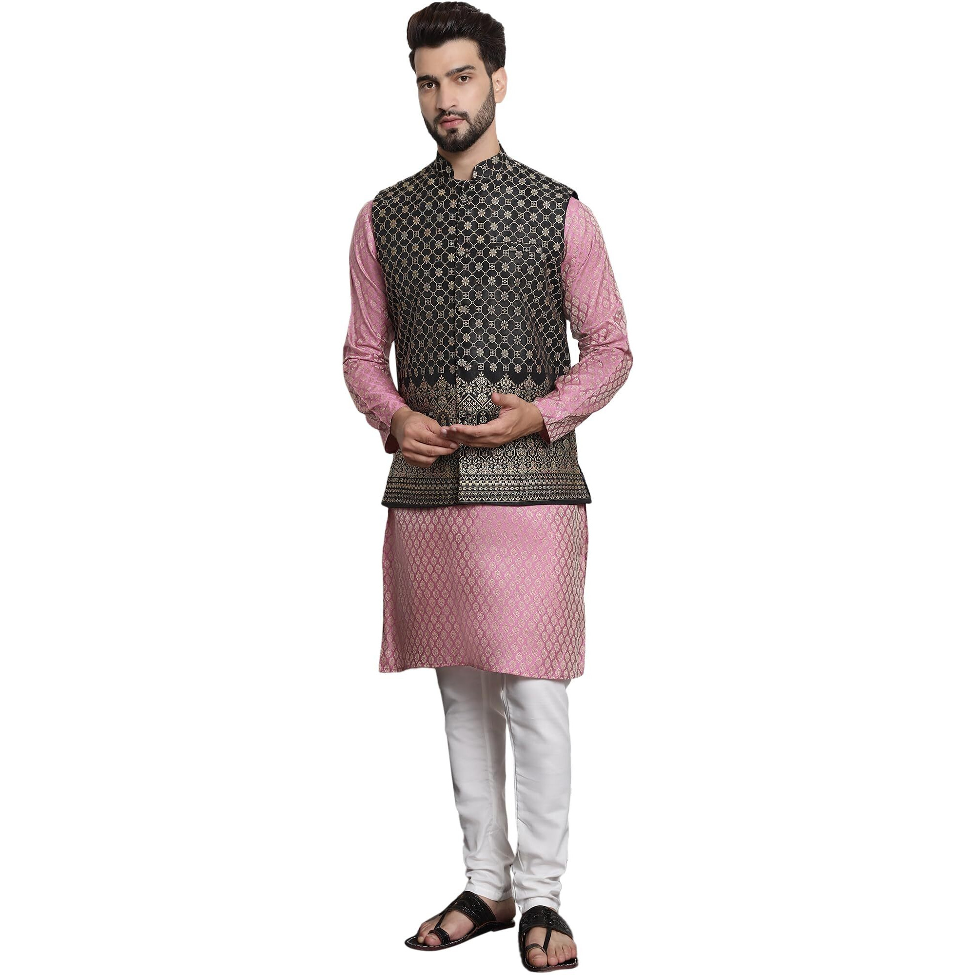 Sojanya (Since 1958 Men's Jacquard Silk Pink Kurta And Off-White Pyjama With Black Nehru Jacket
