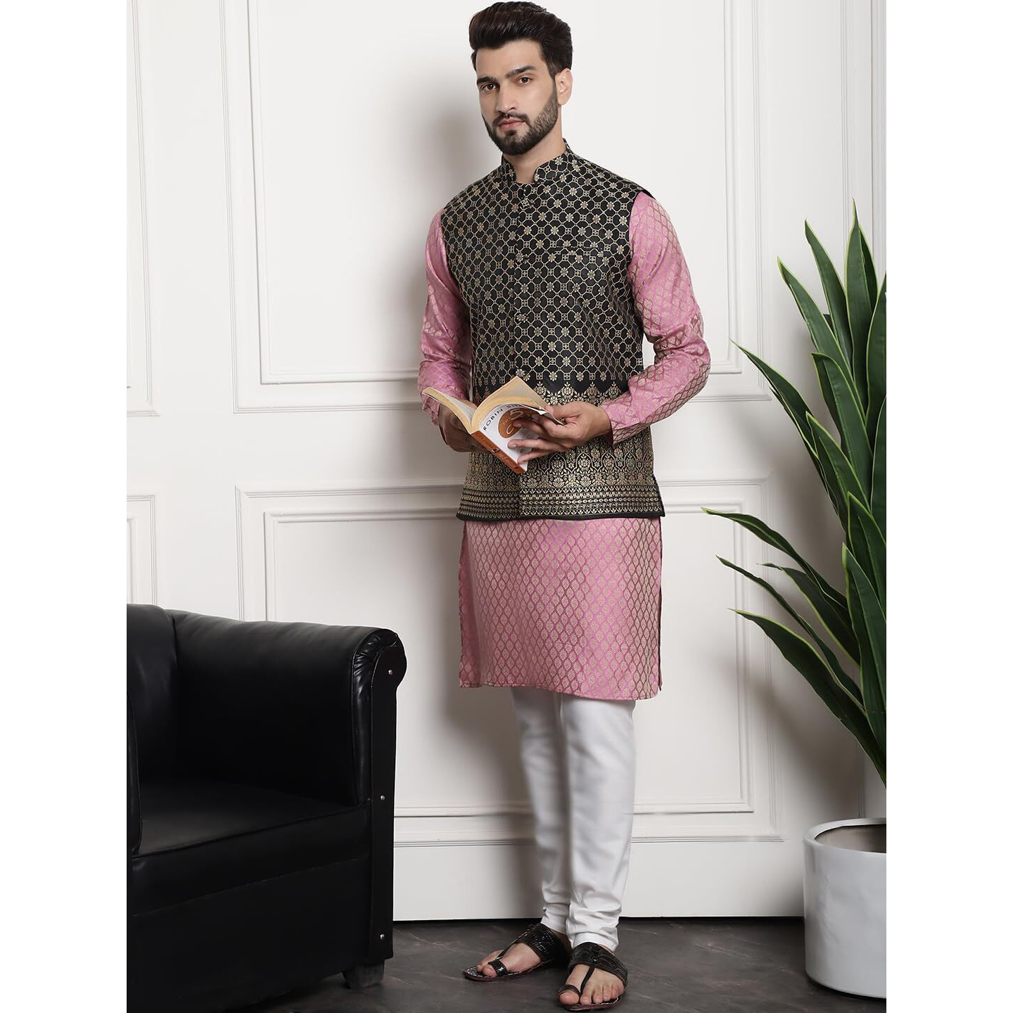 Sojanya (Since 1958 Men's Jacquard Silk Pink Kurta And Off-White Pyjama With Black Nehru Jacket
