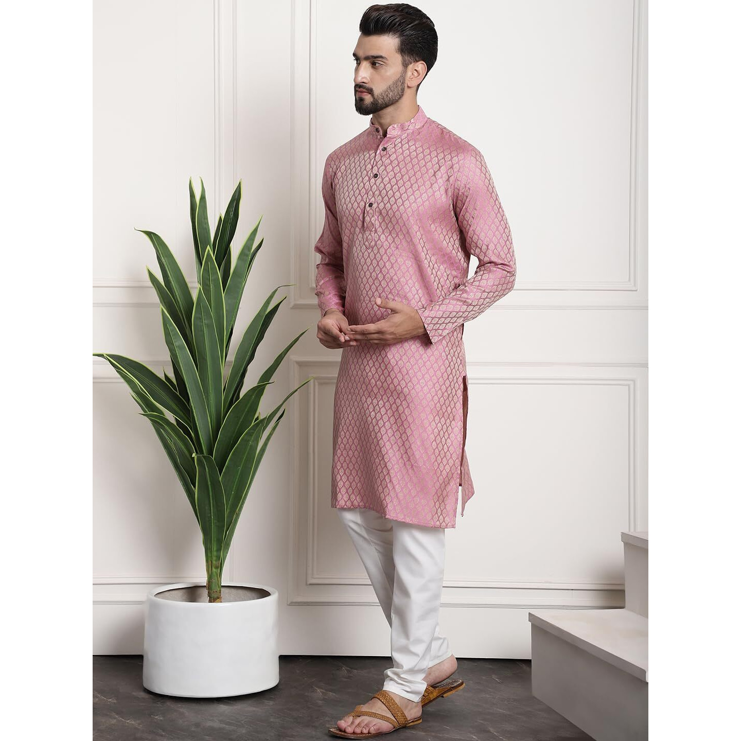 Sojanya (Since 1958 Men's Jacquard Silk Pink Kurta And Off-White Pyjama With Black Nehru Jacket