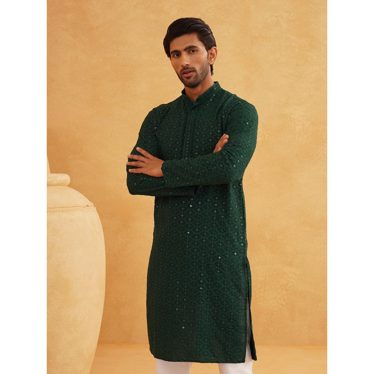 Sojanya (Since 1958 Men's Pure Cotton Green Embroidered Sequence Kurta