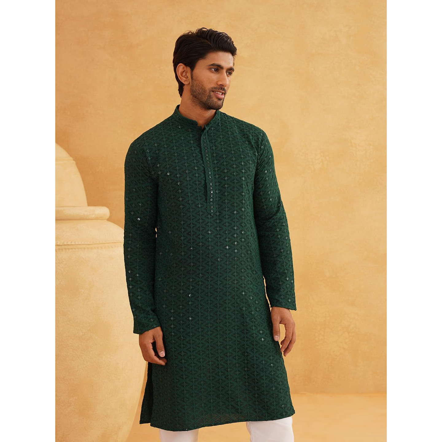 Sojanya (Since 1958 Men's Pure Cotton Green Embroidered Sequence Kurta