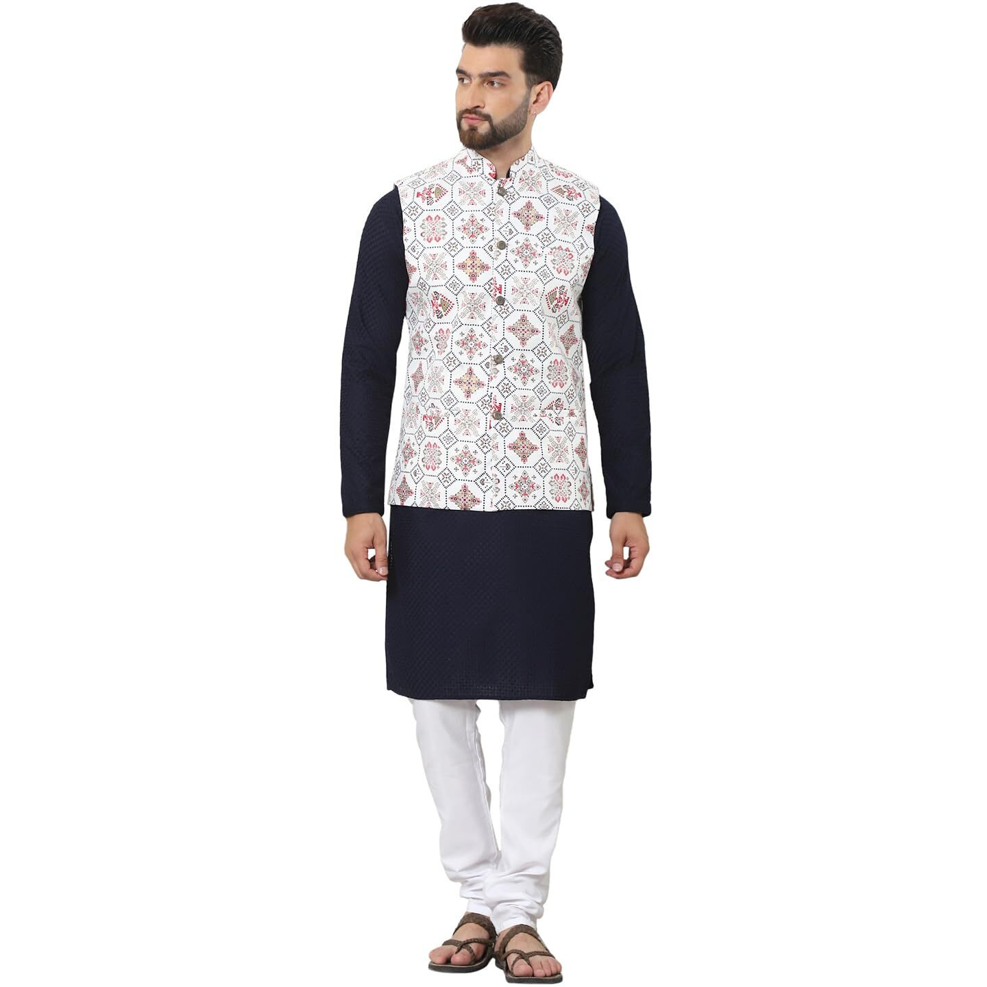 Sojanya (Since 1958 Men's Pure Cotton Navy Kurta And White Pyjama With Sequins Cream Nehru Jacket