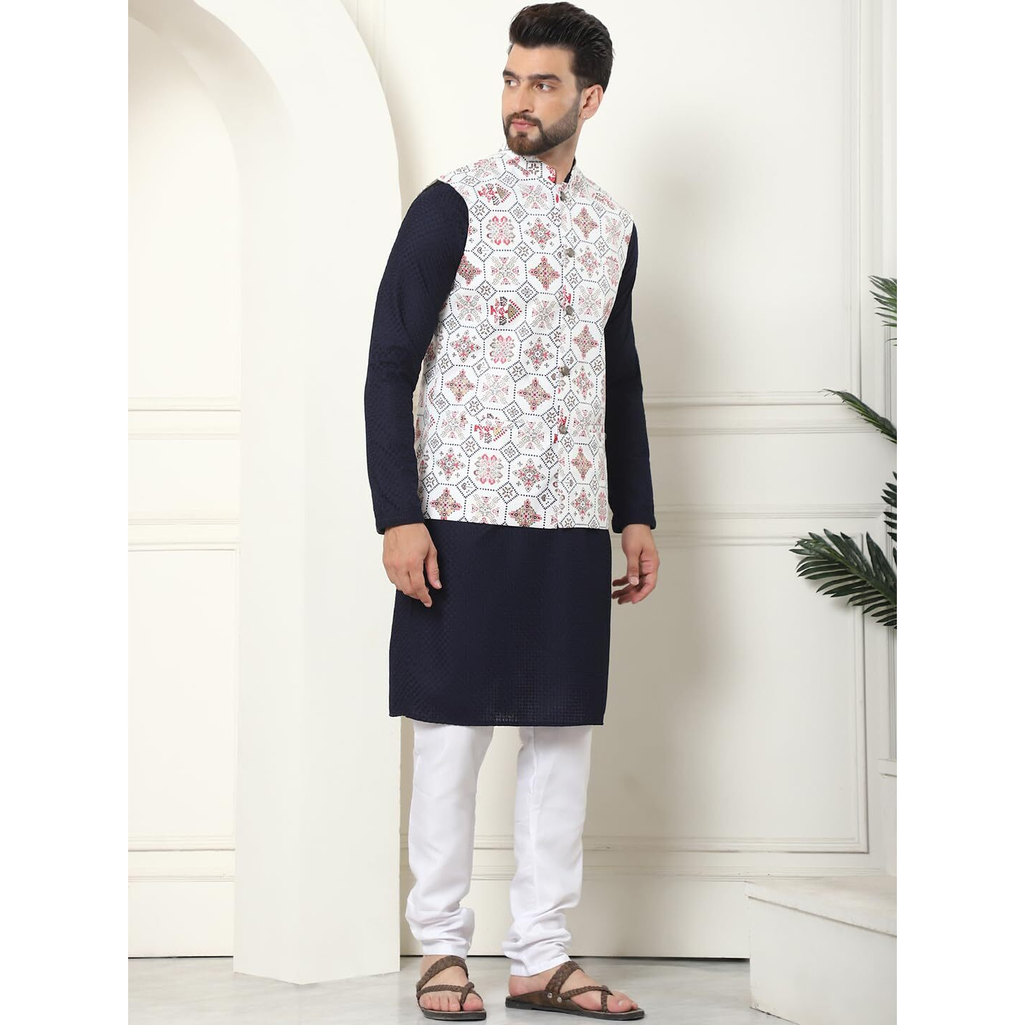 Sojanya (Since 1958 Men's Pure Cotton Navy Kurta And White Pyjama With Sequins Cream Nehru Jacket