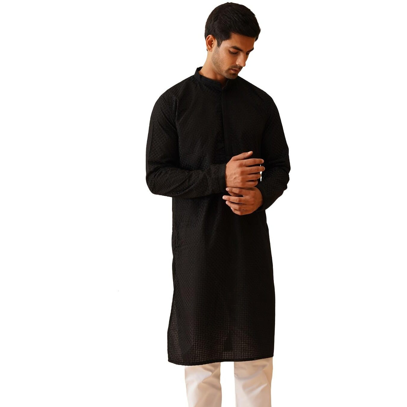 Sojanya (Since 1958 Men's Cotton Checkered Thread Work Black Long Kurta