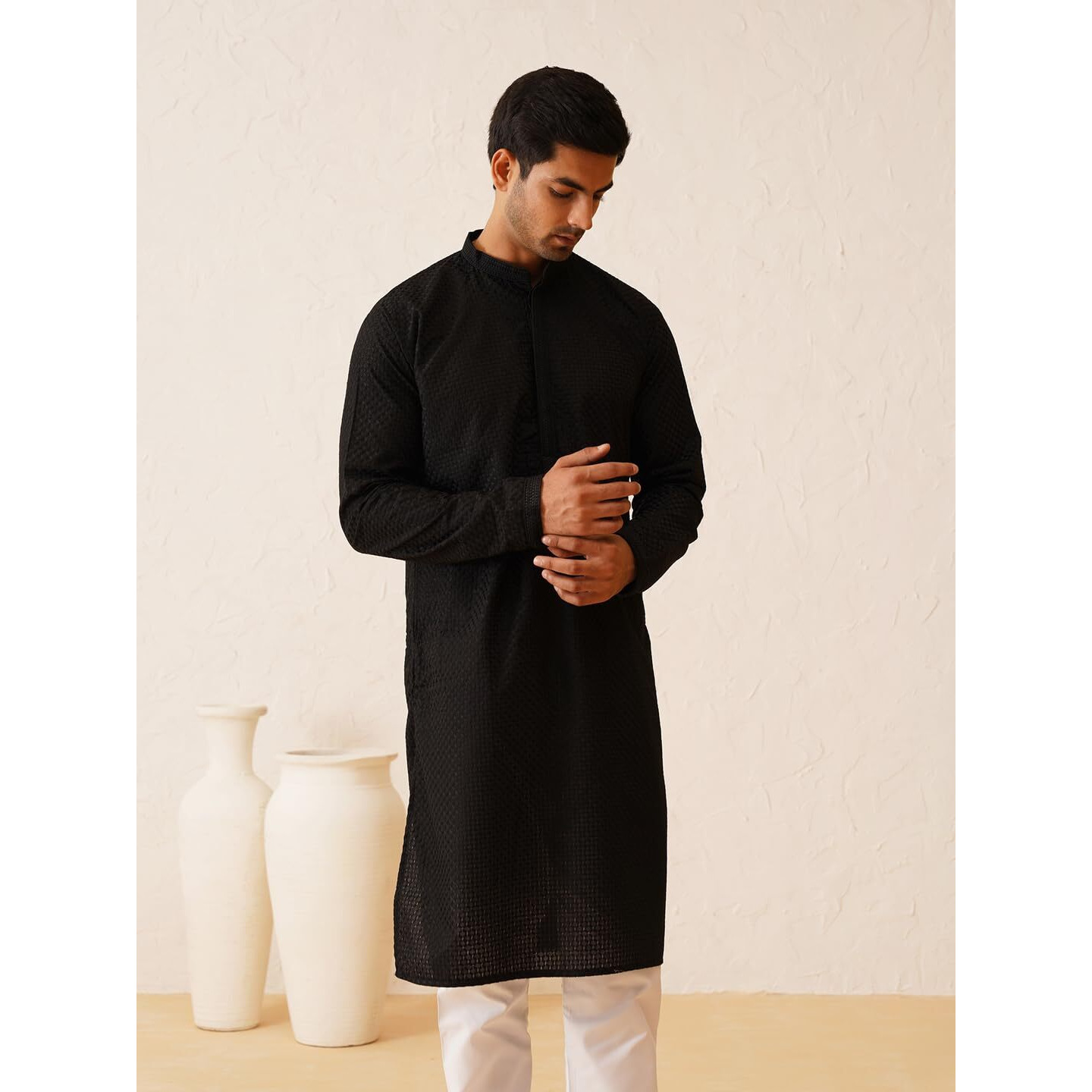 Sojanya (Since 1958 Men's Cotton Checkered Thread Work Black Long Kurta