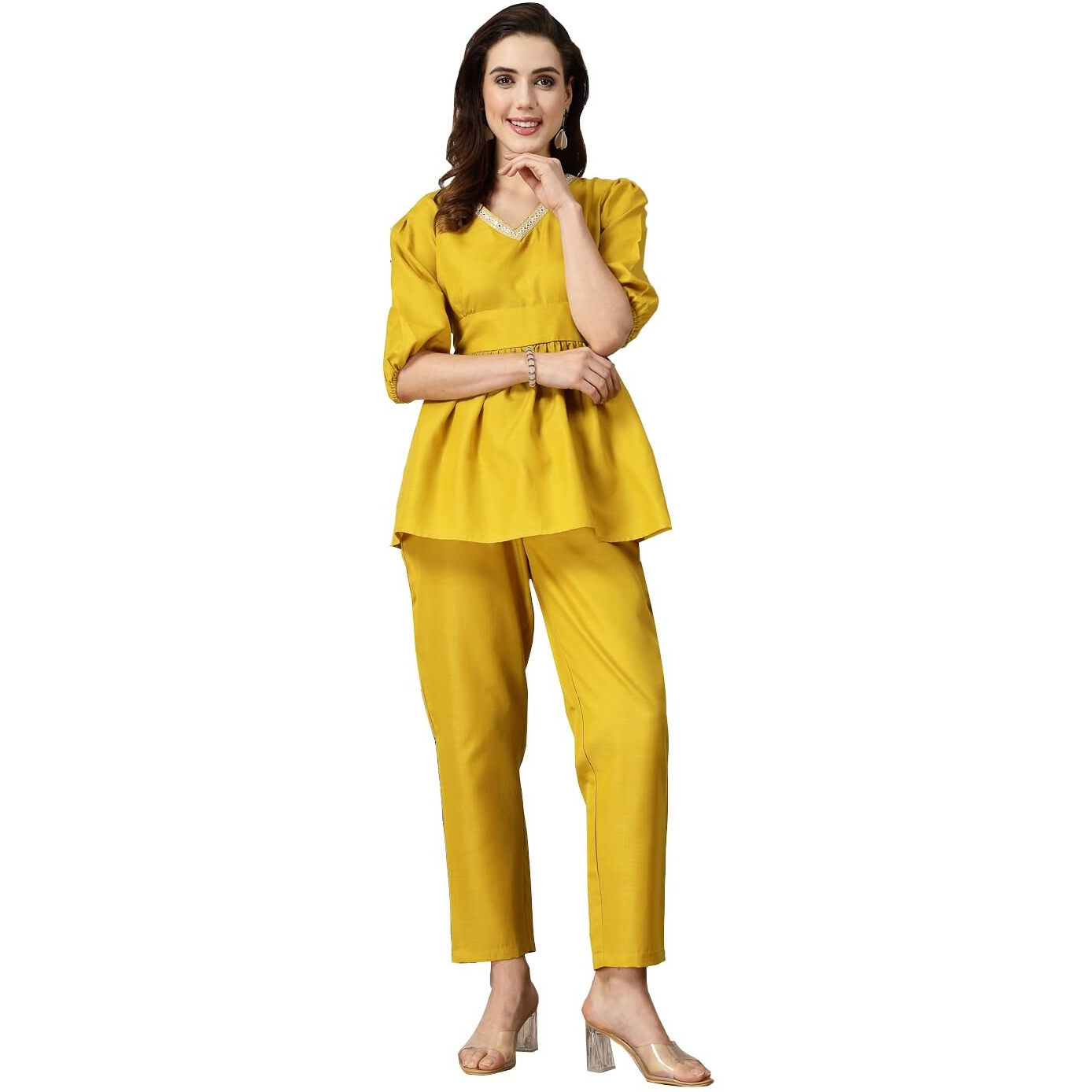 Stylum Women's Embroidered Cotton Blend Co-Ord Set (In, Alpha, M, Regular, Yellow)