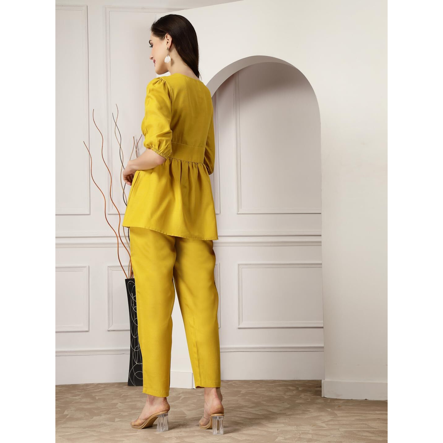 Stylum Women's Embroidered Cotton Blend Co-Ord Set (In, Alpha, M, Regular, Yellow)