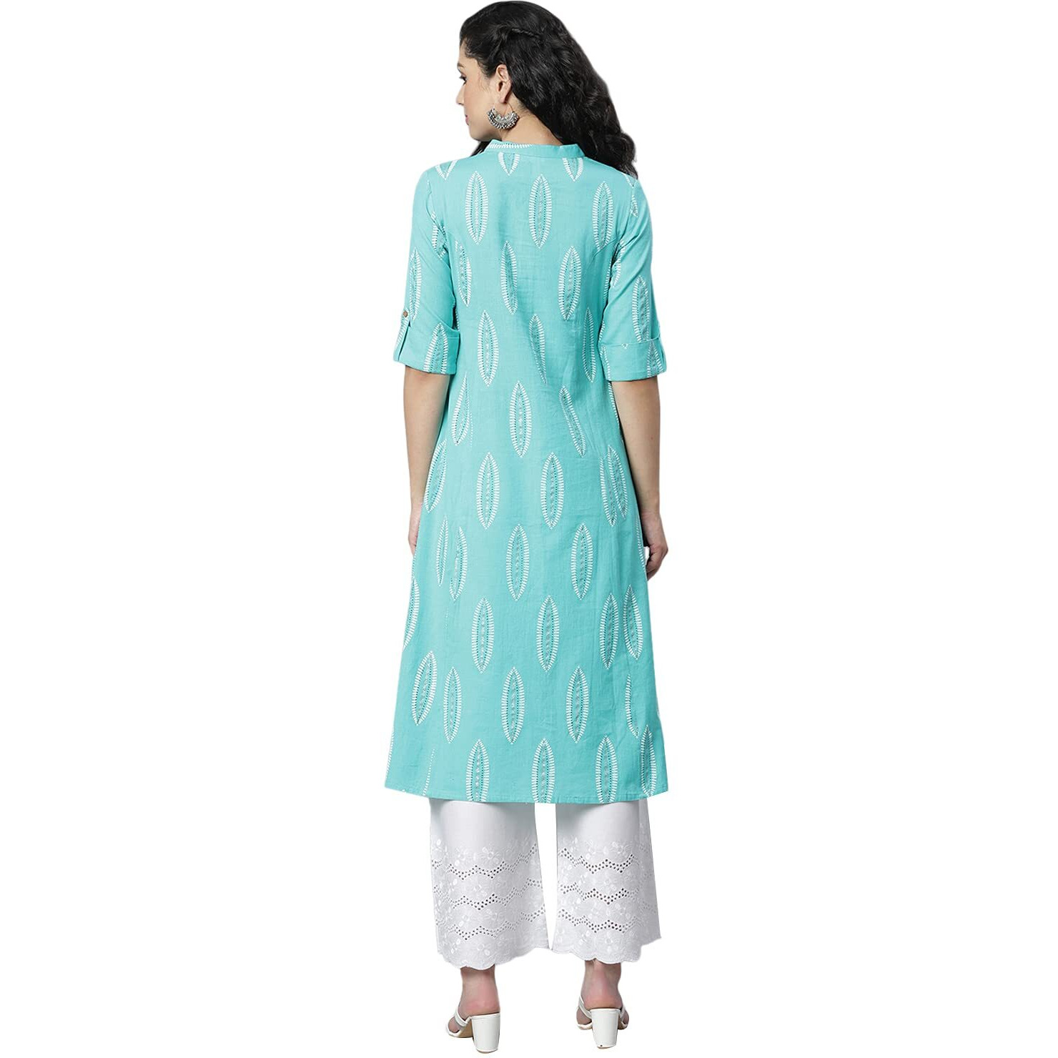 Stylum Women's Block Printed Rayon Regular Fit A-Line Kurta (Nomiturq36_Turquoise, S)