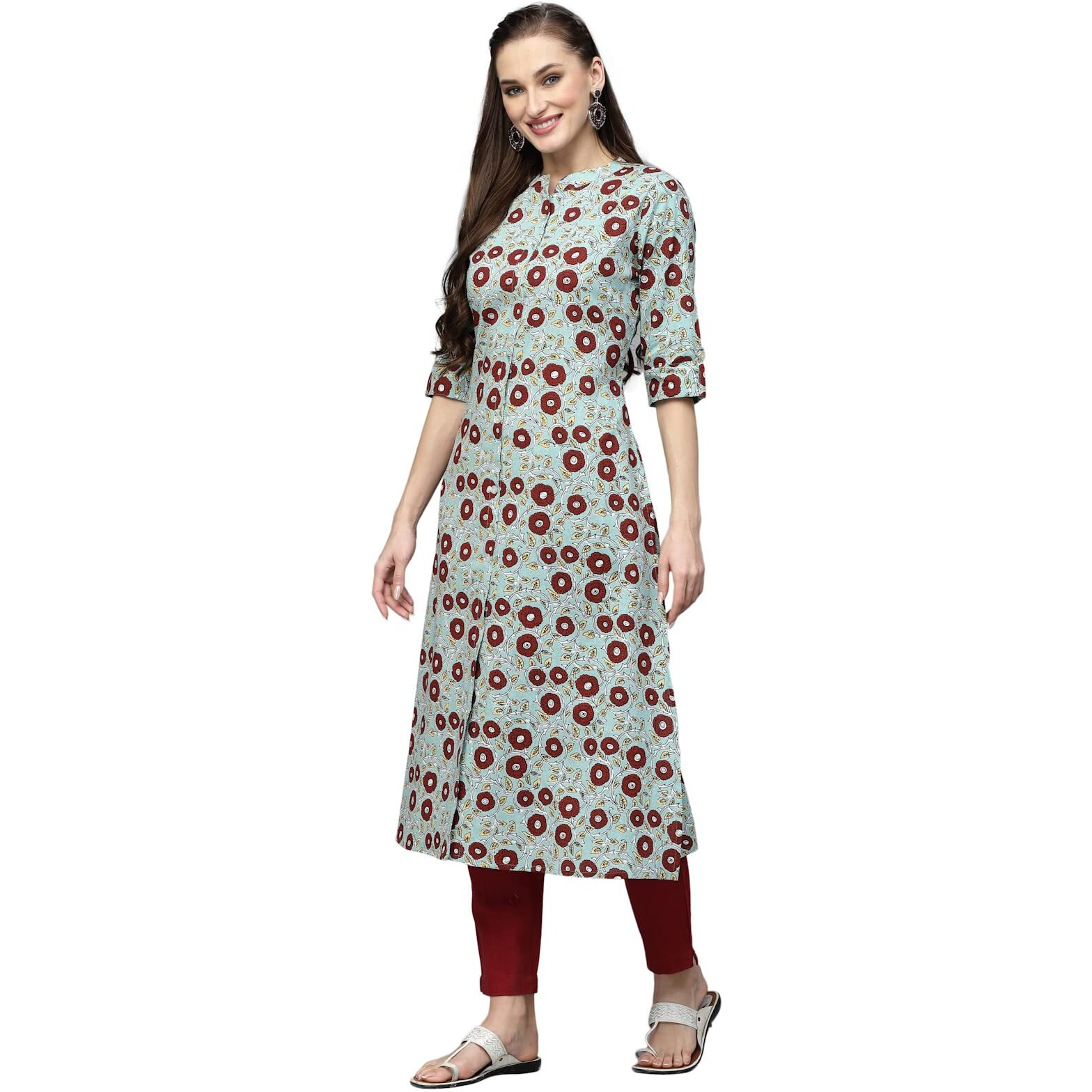 Stylum Women's Printed Cotton A-Line Kurta (Aliceice36_Turquoise Blue, S)
