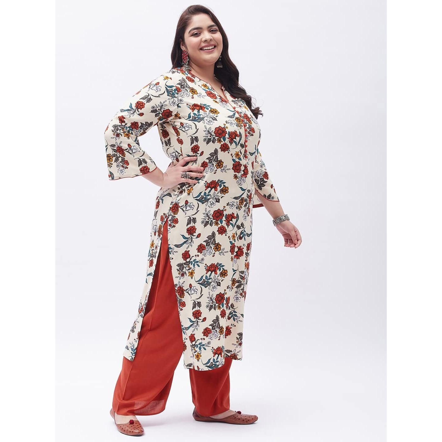 Tissu Women's Plus Size Cream & Orange Printed Kurta With Palazzo (T-Plus-634_Cream_6Xl)