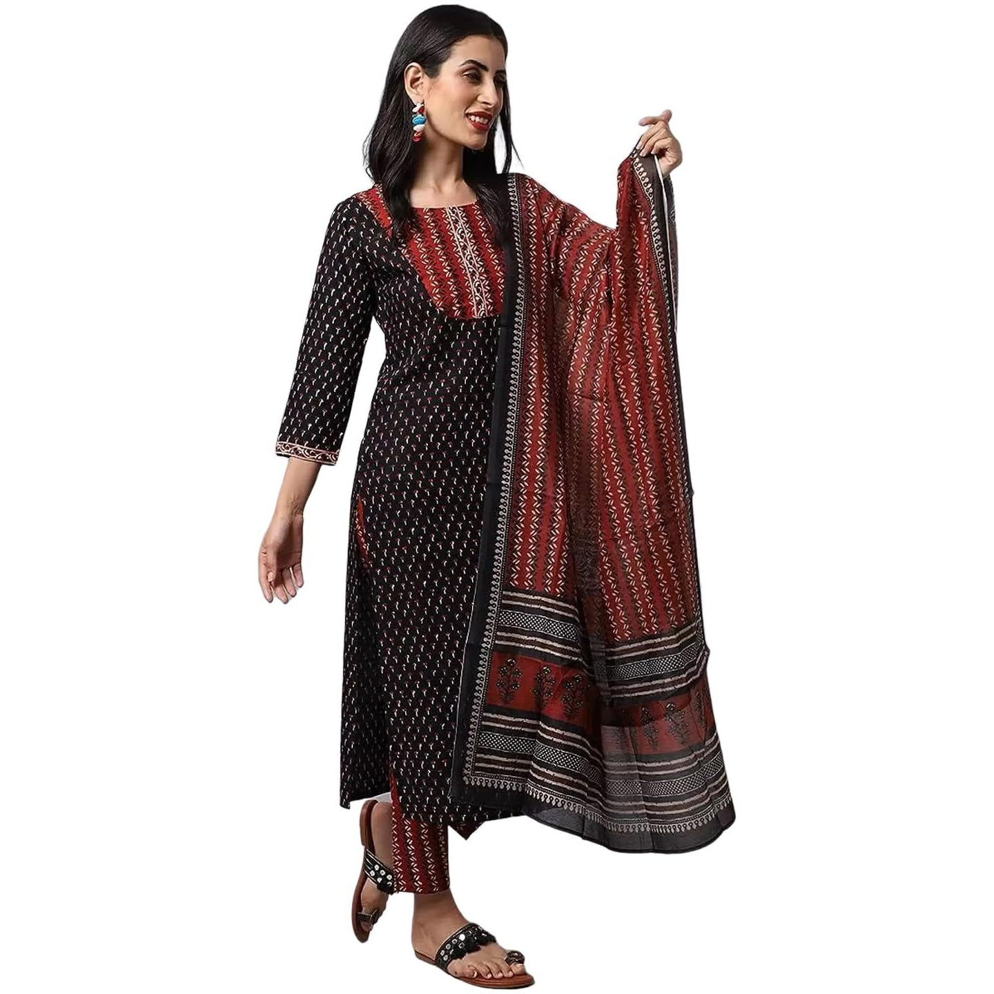 Tee Projekt Women's Cotton Blend Straight Kurta Pant With Dupatta Set Ll Round Neck Kurta Ll Kurta Set For Women Black