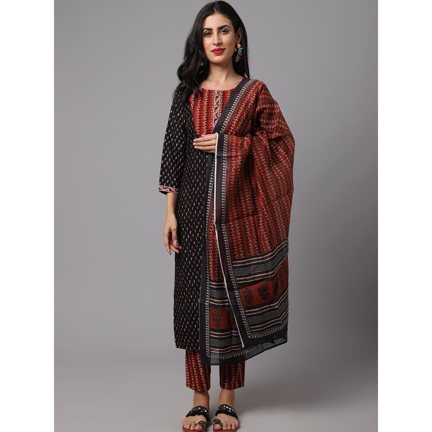 Tee Projekt Women's Cotton Blend Straight Kurta Pant With Dupatta Set Ll Round Neck Kurta Ll Kurta Set For Women Black