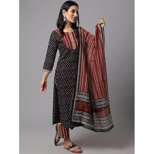 Tee Projekt Women's Cotton Blend Straight Kurta Pant With Dupatta Set Ll Round Neck Kurta Ll Kurta Set For Women Black