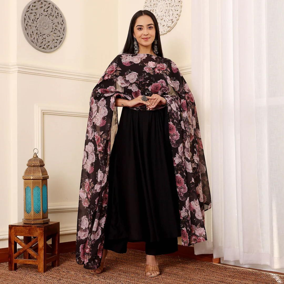 Toochki Women's Rayon Viscose Anarkali Kurta With Palazzo & Floral Printed Dupatta Black