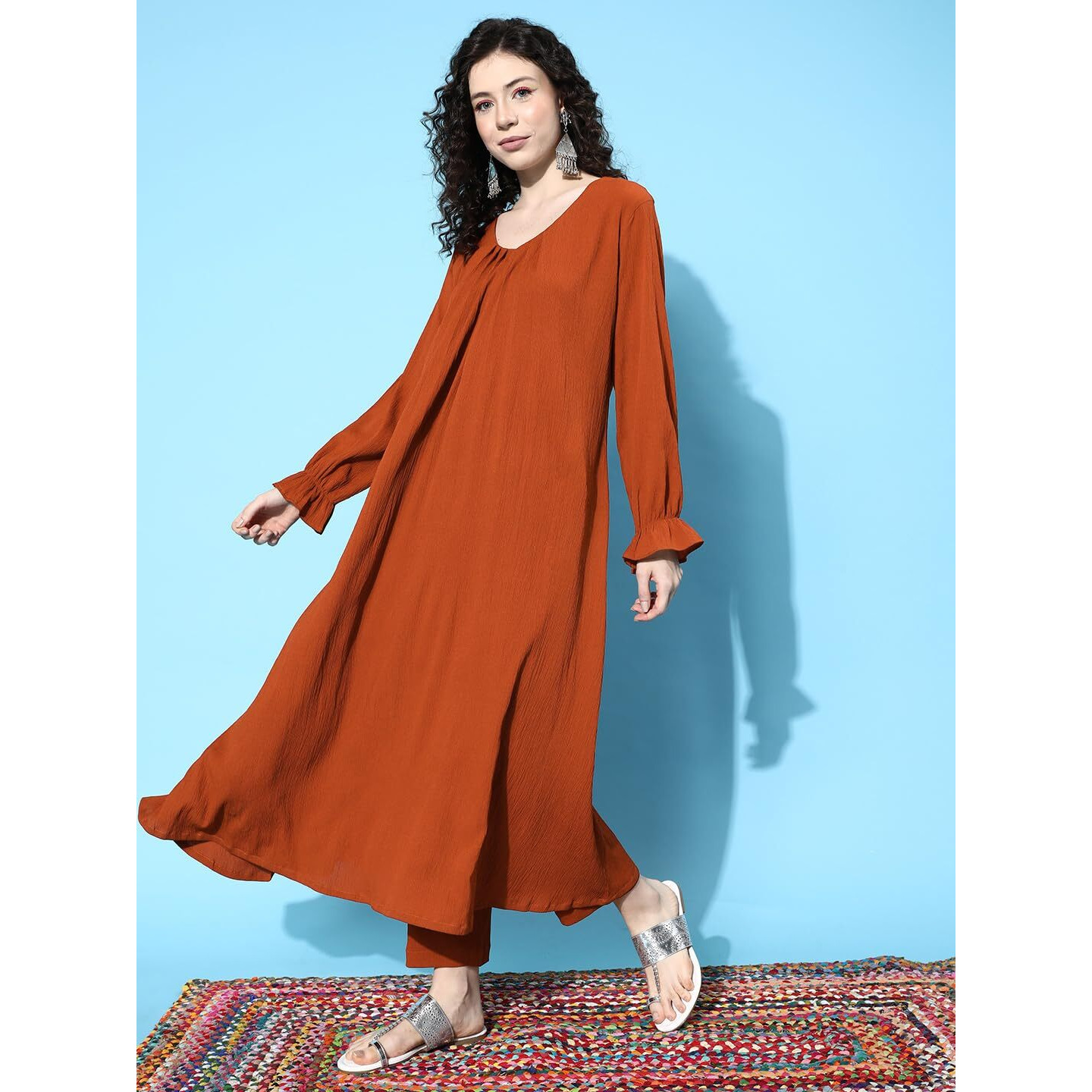 Varanga Women Rust Colour Bishop Sleeve A-Line Kurta With Front Pleat, V-Neck, Paired With Tonal Bottom