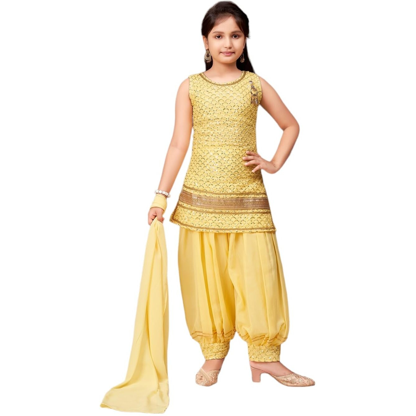 Aarika Girls Ethnic Wear Yellow Colour Sequin Embroidery Lace Work Georgette Kurti Patiala Set (4-10 Years)